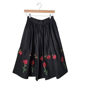 HELL BUNNY Rosa Rossa Rose Embroidered Black Full‎ Skirt XS Rockabilly Gothic